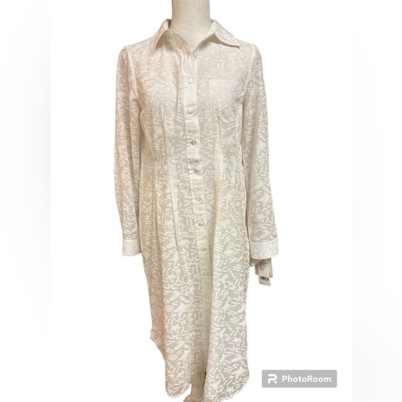 Pell & Co. Creamy White Graphic Silk Blend Buttondown Longsleeved Dress NWT S 4 - Picture 1 of 11